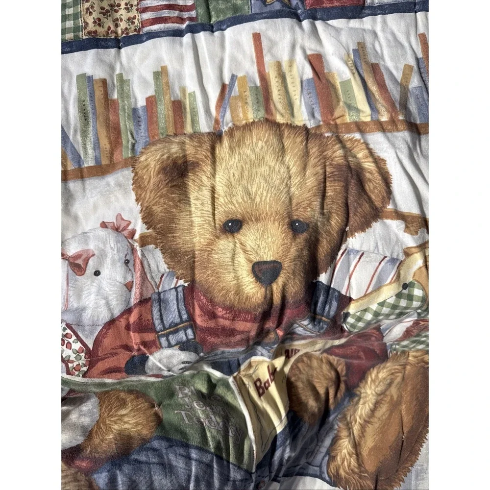 Vintage Handmade Teddy Bear‎ Baby Quilt 5'x3' Satin Backing W/ Imperfections